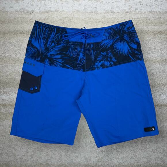 Oakley Other - Vintage Y2K Oakley Swim Shorts 34x10 Royal Blue Black Floral 10" Inseam